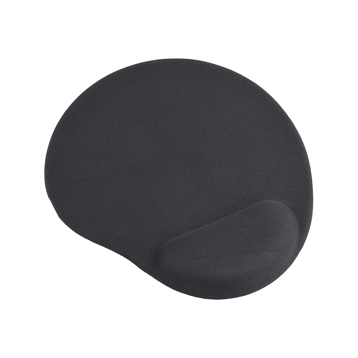 Schwarzes, asymmetrisch geformtes Mauspad mit integrierter Handballenauflage vor weißem Hintergrund.