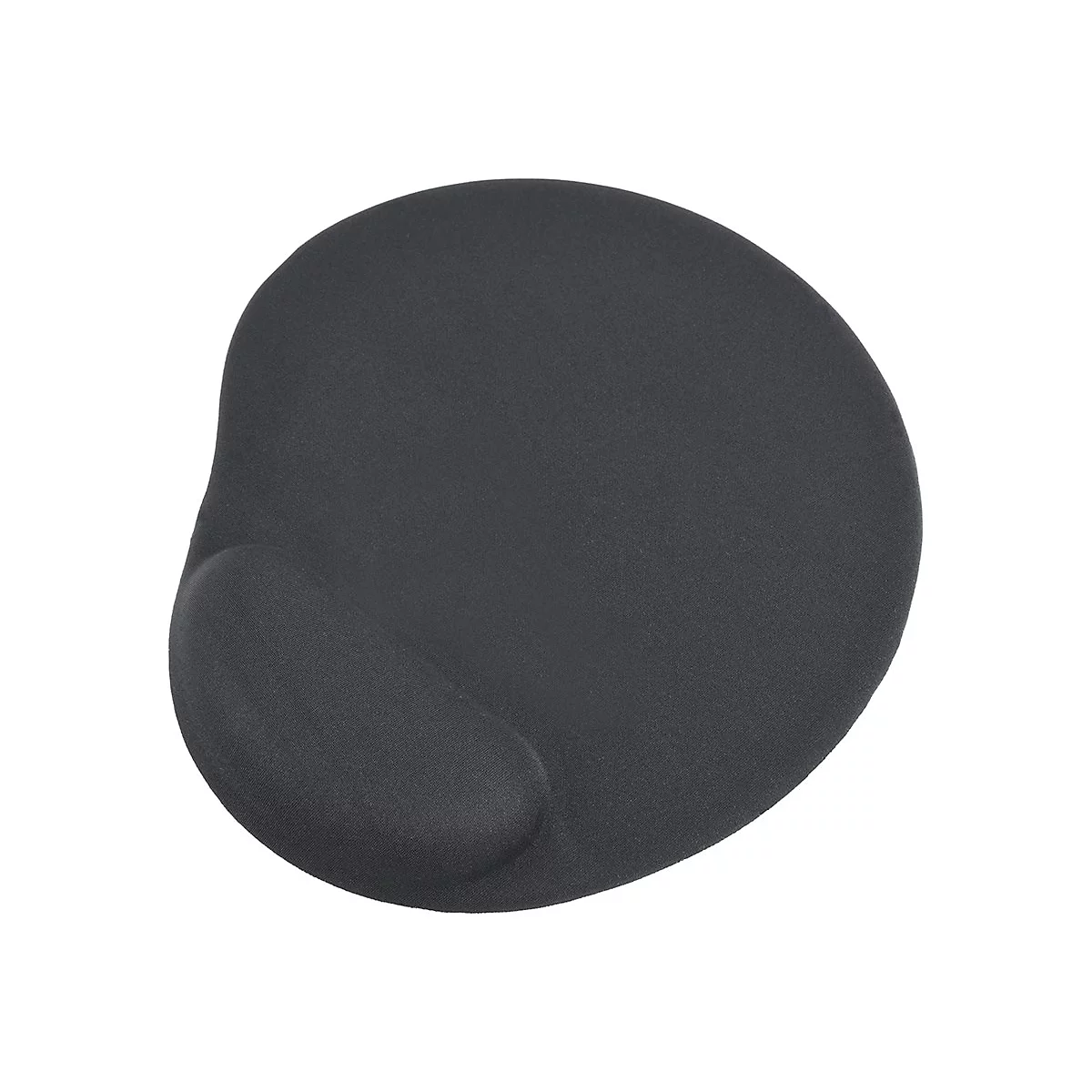Schwarzes ergonomisches Mauspad mit integrierter Handballenauflage vor weißem Hintergrund.