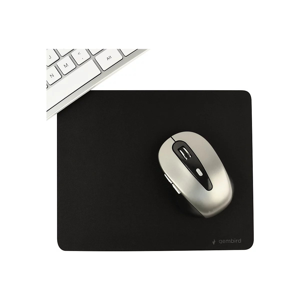 Drahtlose Maus auf schwarzem Mousepad, Tastatur im Hintergrund.