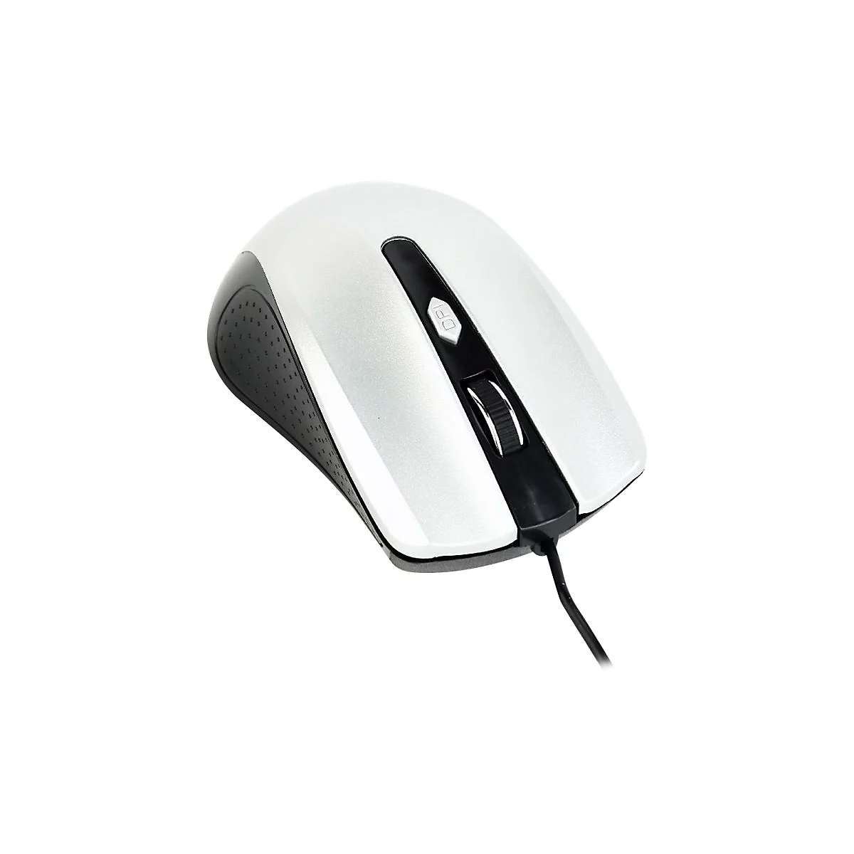 Weisse Computermaus mit schwarzem Akzent. Scrollrad und Kabel sichtbar.