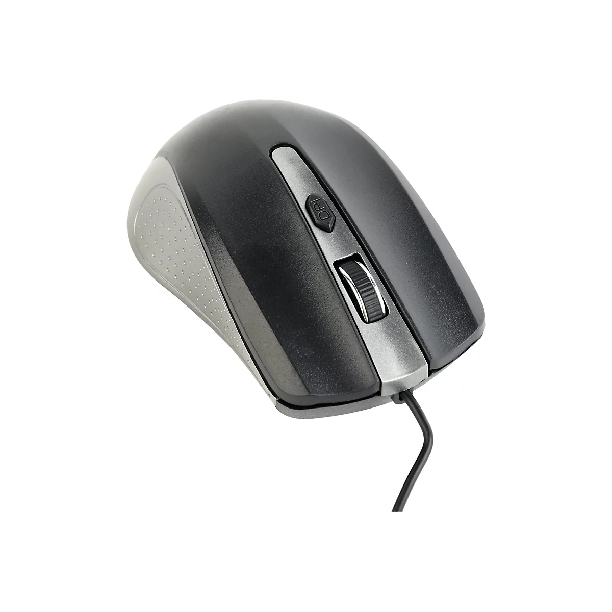 Eine schwarze Computermaus mit silbernen Akzenten. In der Mitte befindet sich ein Scrollrad und eine DPI-Taste.
