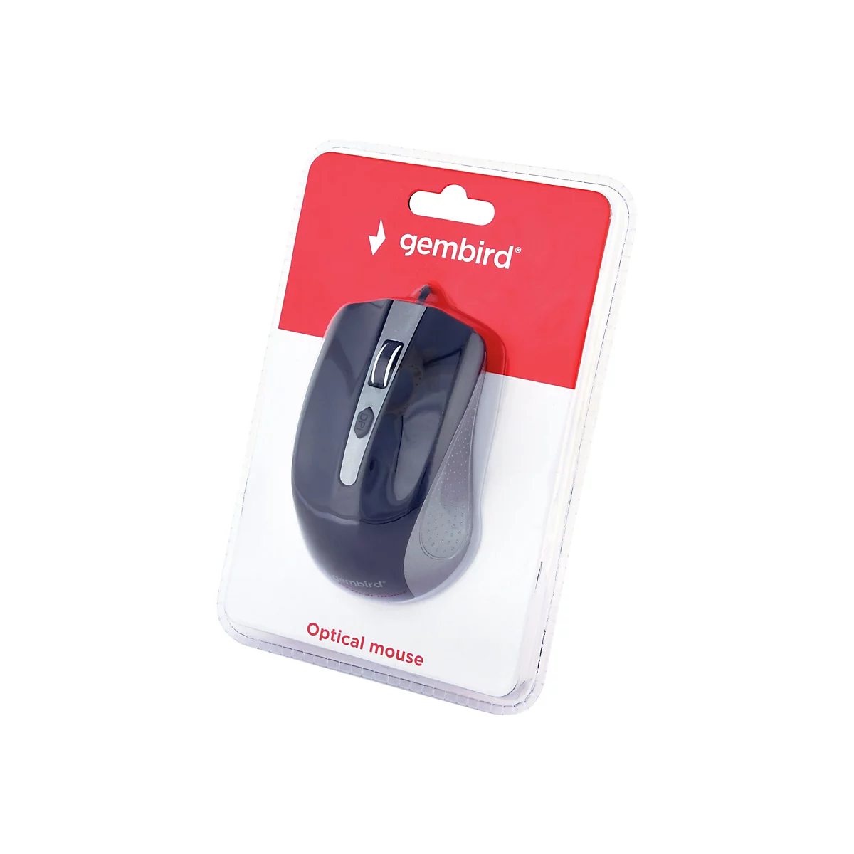 Optische Computermaus in Verpackung. Schwarze Maus mit grauen Akzenten, roter Hintergrund, weißer Text.