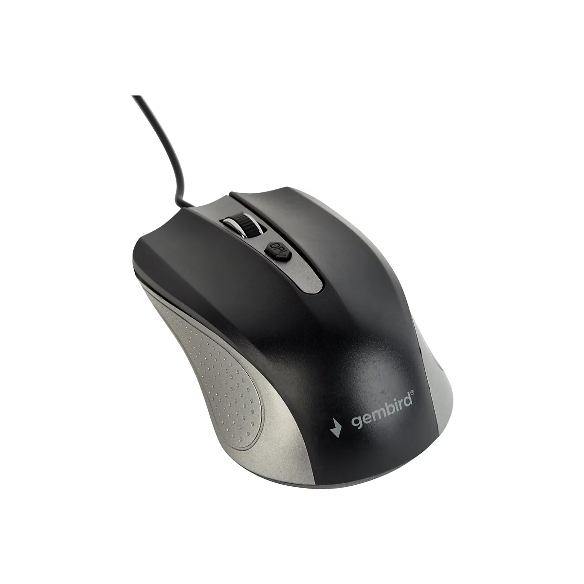 Drahtlose Computermaus in Schwarz und Grau. Oben ein Scrollrad und DPI-Taste. Das Gembird-Logo ist sichtbar.