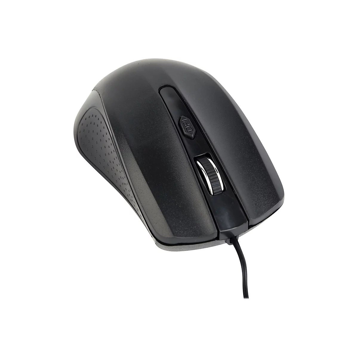 Schwarze, kabelgebundene Computermaus mit einem DPI-Knopf und Mausrad auf weißem Hintergrund.