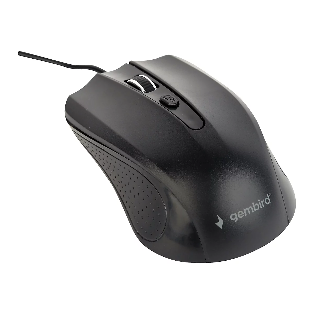 Schwarze Computermaus, Kabel, Scrollrad und DPI-Taste. Logo gembird.