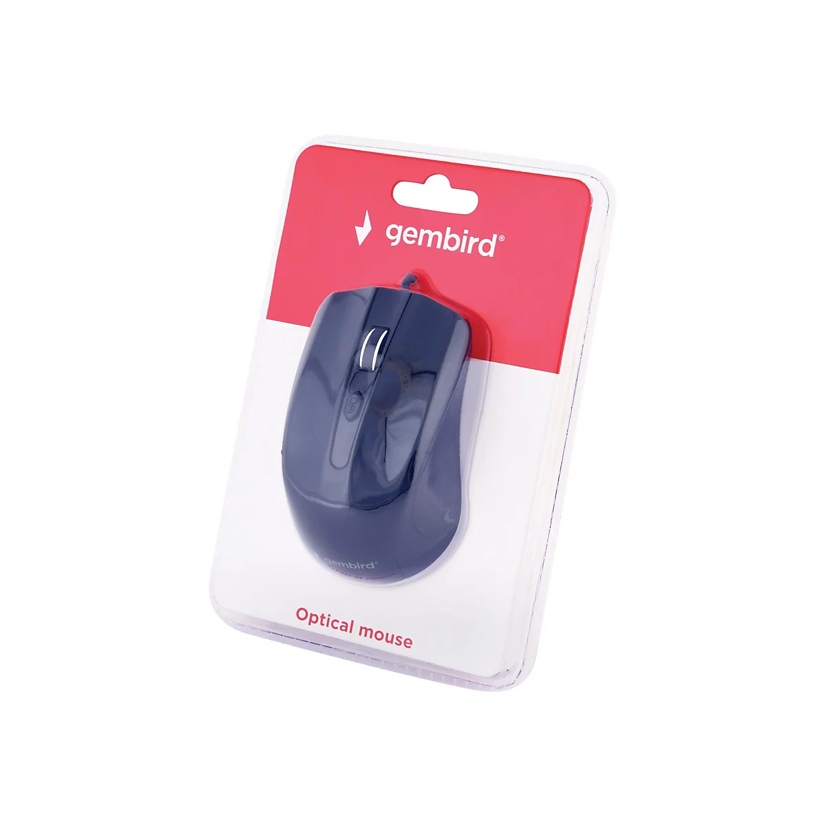 Blaue optische Maus in Blisterverpackung. Der Schriftzug gembird ist auf Rot zu sehen. Unter der Maus steht Optical mouse.