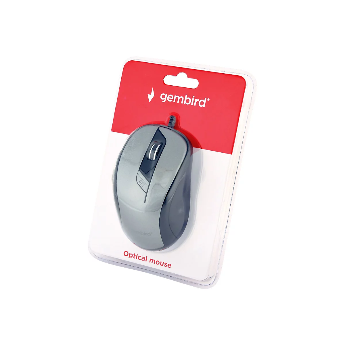 Graue Computermaus in Blisterverpackung. Auf rotem Hintergrund steht gembird. Unten Optical mouse.