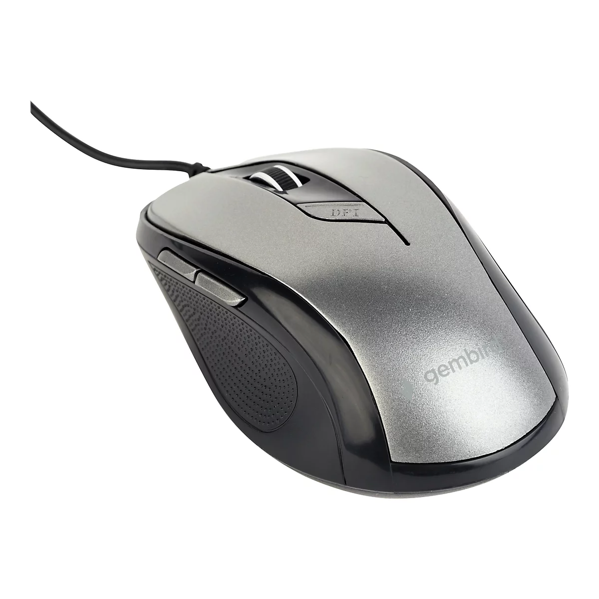 Graue Computermaus mit Kabel. Schwarz umrandet, seitlich KnÃ¶pfe. Logo 'gembird'.