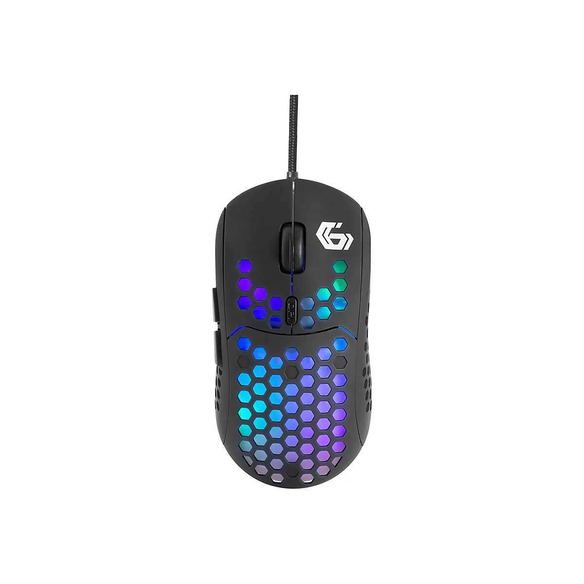 Schwarze Gaming-Maus mit Wabenstruktur und bunter RGB-Beleuchtung auf weißem Hintergrund.