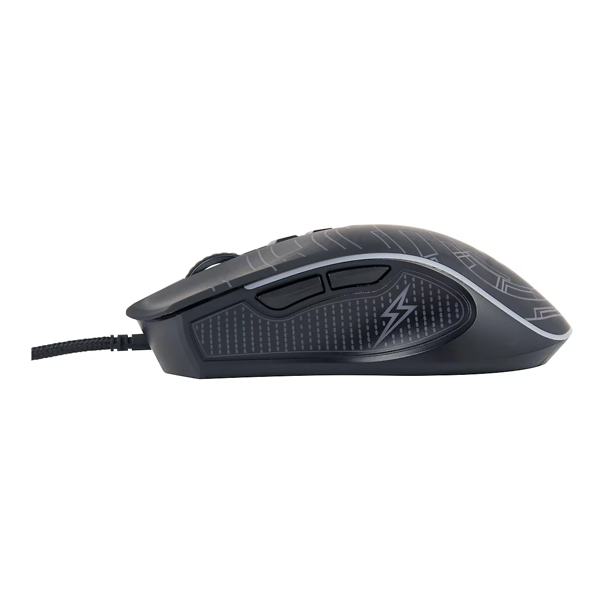 Schwarze Gaming-Maus mit Blitz-Logo und seitlichen Tasten vor weißem Hintergrund.