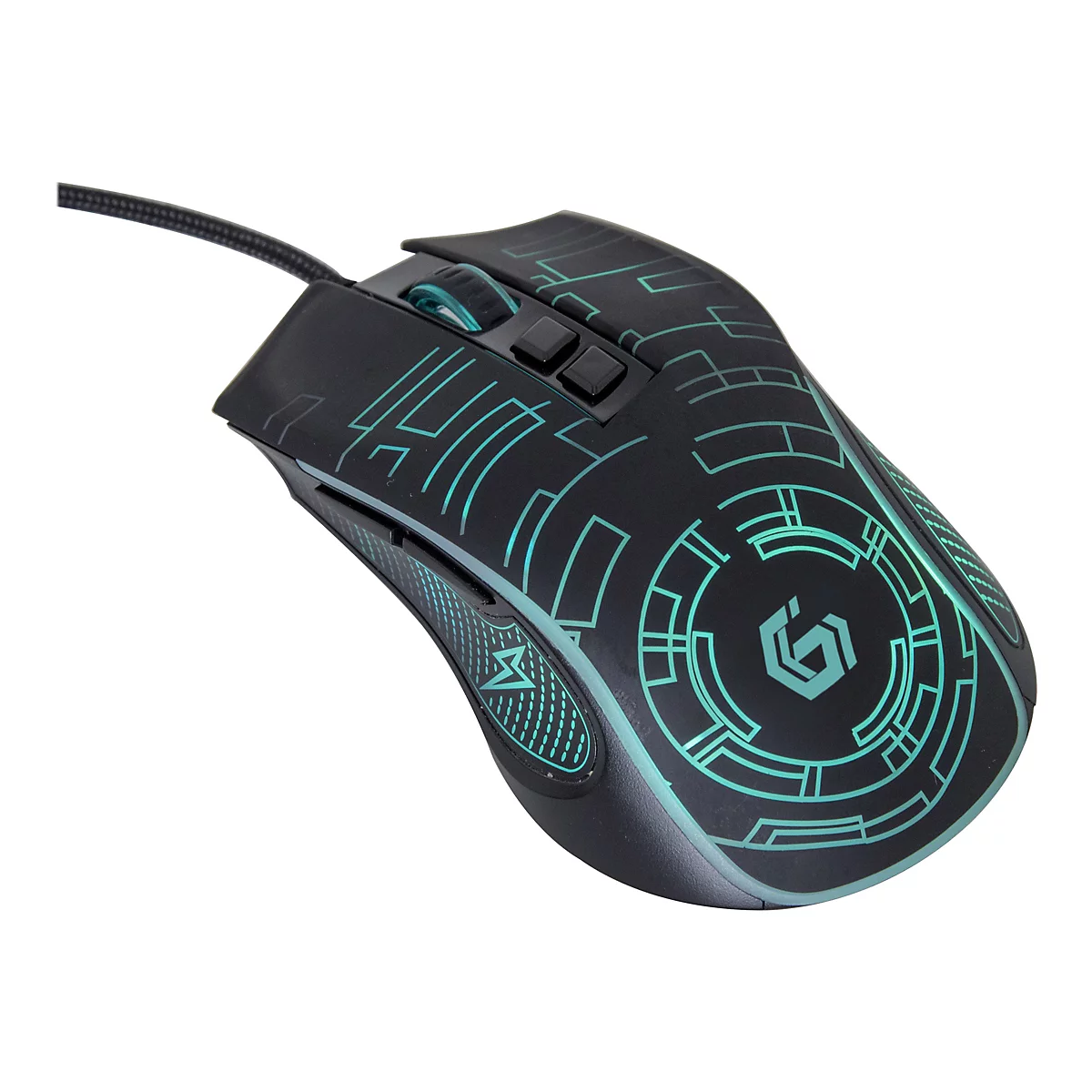 Schwarze Gaming-Maus mit türkisfarbenem Linienmuster, Logo und Kabel auf weißem Hintergrund.