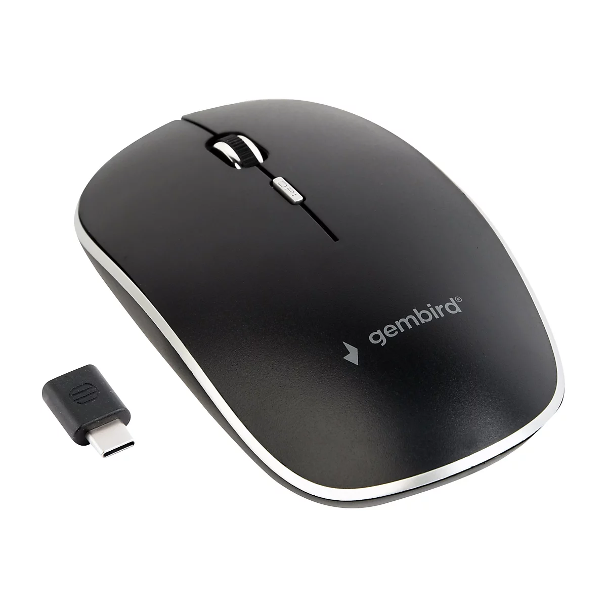Schwarze, kabellose Gembird-Maus mit einem USB-C-Empfänger auf weißem Hintergrund.