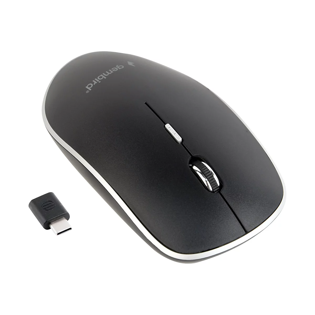 Schwarze, flache Gembird Computermaus mit silbernem Mausrad und passendem USB-C Empfänger vor weißem Hintergrund.