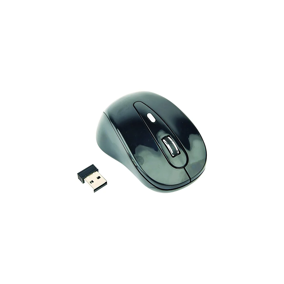 Drahtlose, schwarze Computermaus mit einem USB-EmpfÃ¤nger. Das Mausrad und ein weiÃŸer Knopf sind zu sehen.