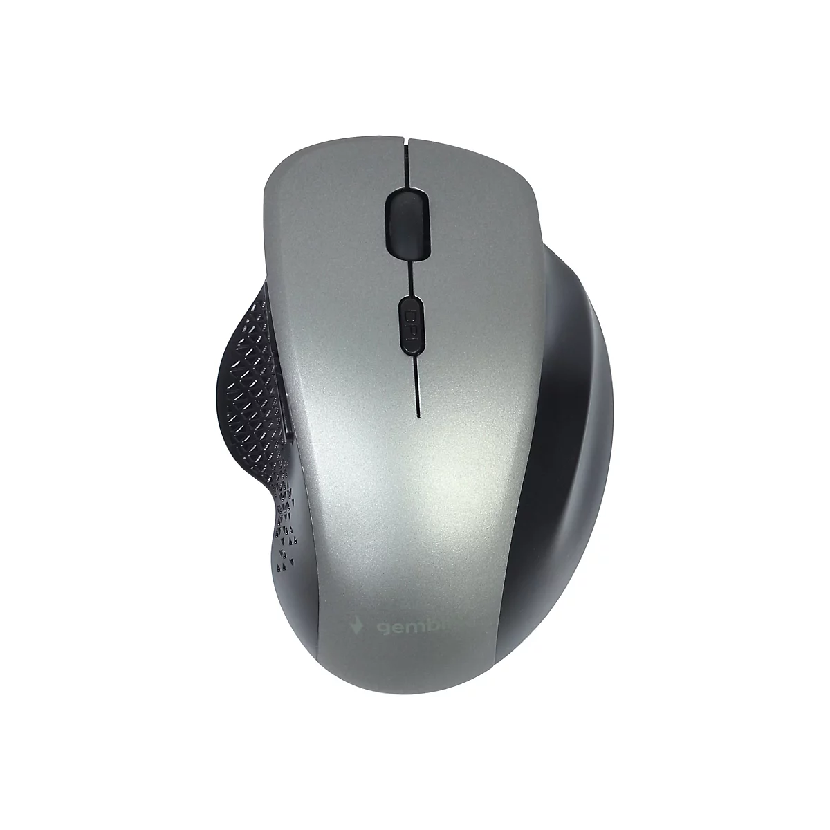 Draufsicht auf eine graue, ergonomische Gembird Funkmaus vor weißem Hintergrund.