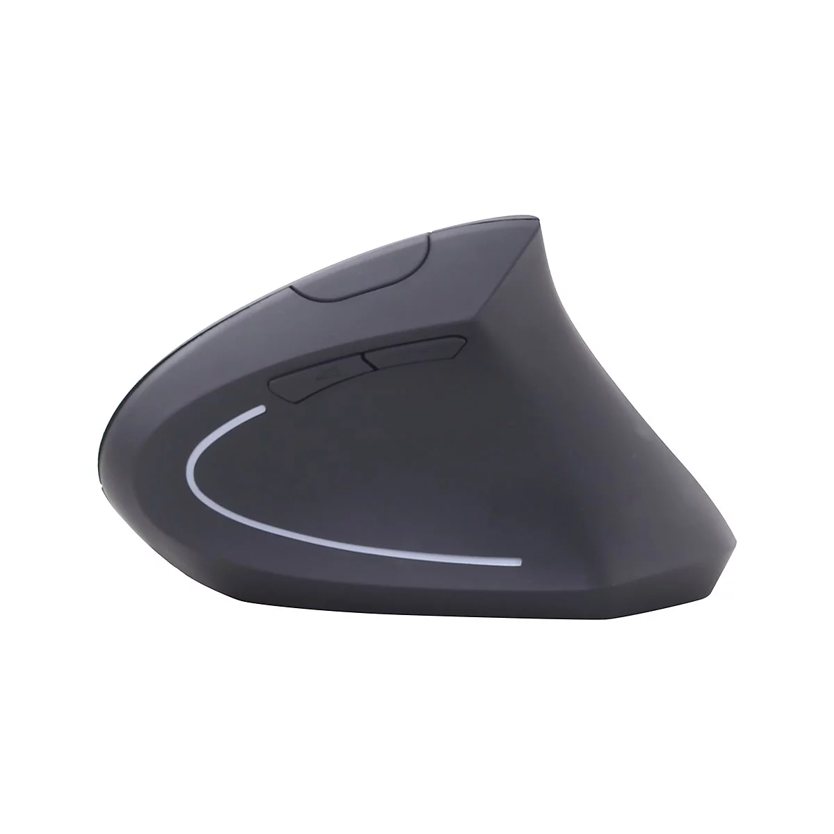 Ergonomische Maus in Grau mit weiÃŸer Linie. Zwei KnÃ¶pfe seitlich, ein Knopf oben.