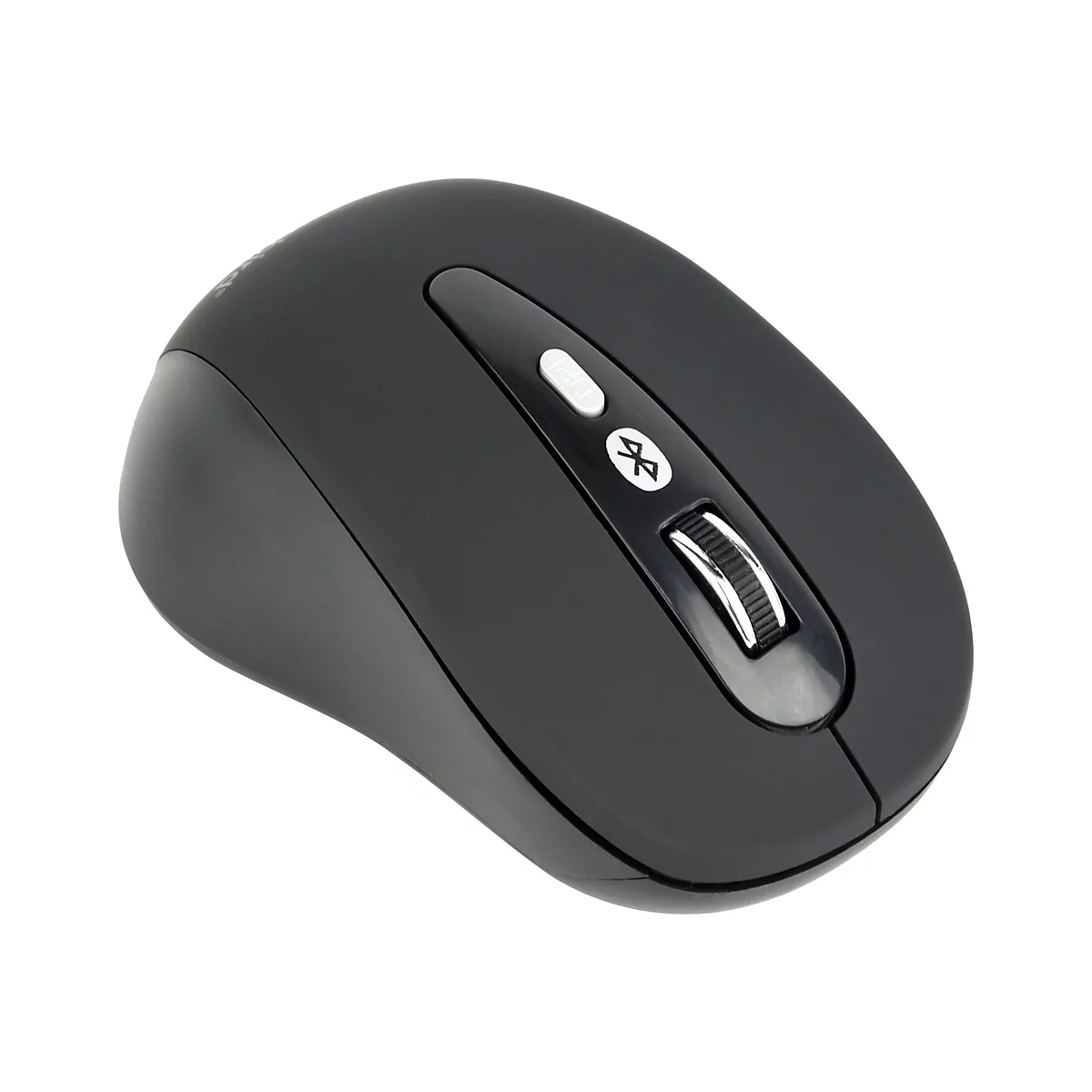 Schwarze, kabellose Computermaus mit Scrollrad und Bluetooth-Symbol.