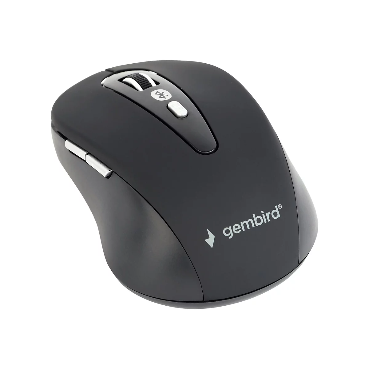 Schwarze Computermaus mit Scrollrad und Bluetooth-Symbol. Der Schriftzug 'gembird' ist zu sehen.