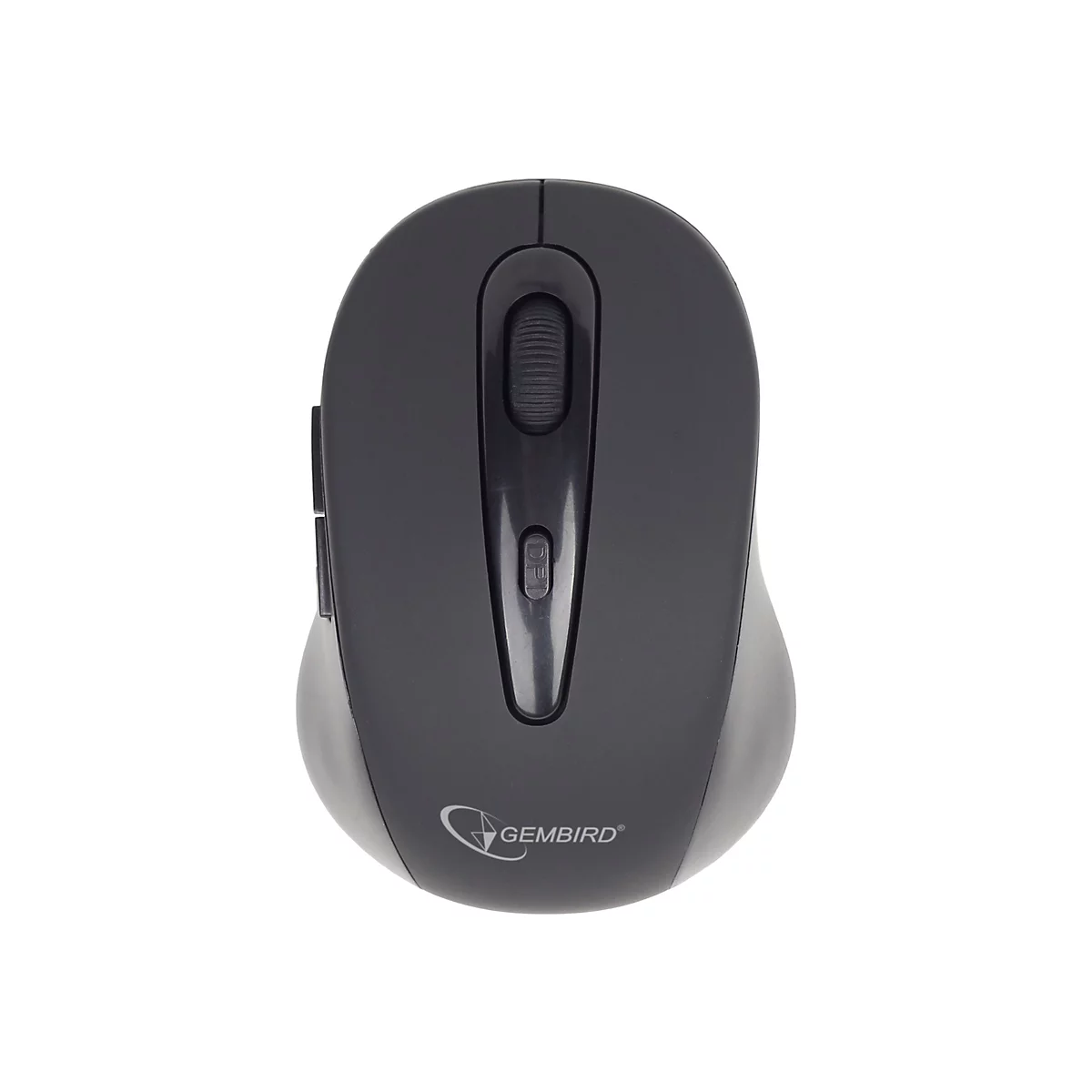 Drahtlose Computermaus in Grau mit Scrollrad und zwei KnÃ¶pfen. Herstellerlogo Gembird am unteren Rand.
