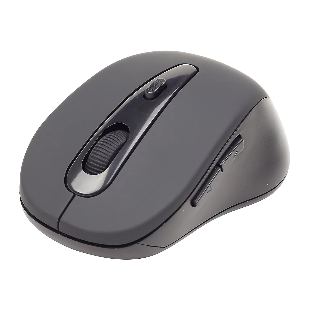 Drahtlose Computermaus in Grau. Rollrad und Seitentasten sind sichtbar.