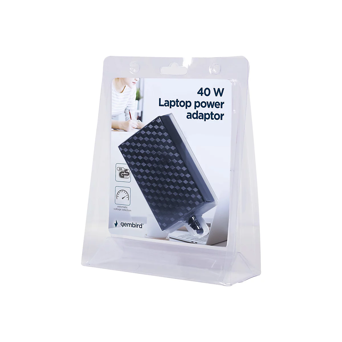 Laptop-Netzteil 40W in transparentem Blisterpack, schwarzes Muster, Aufdruck.