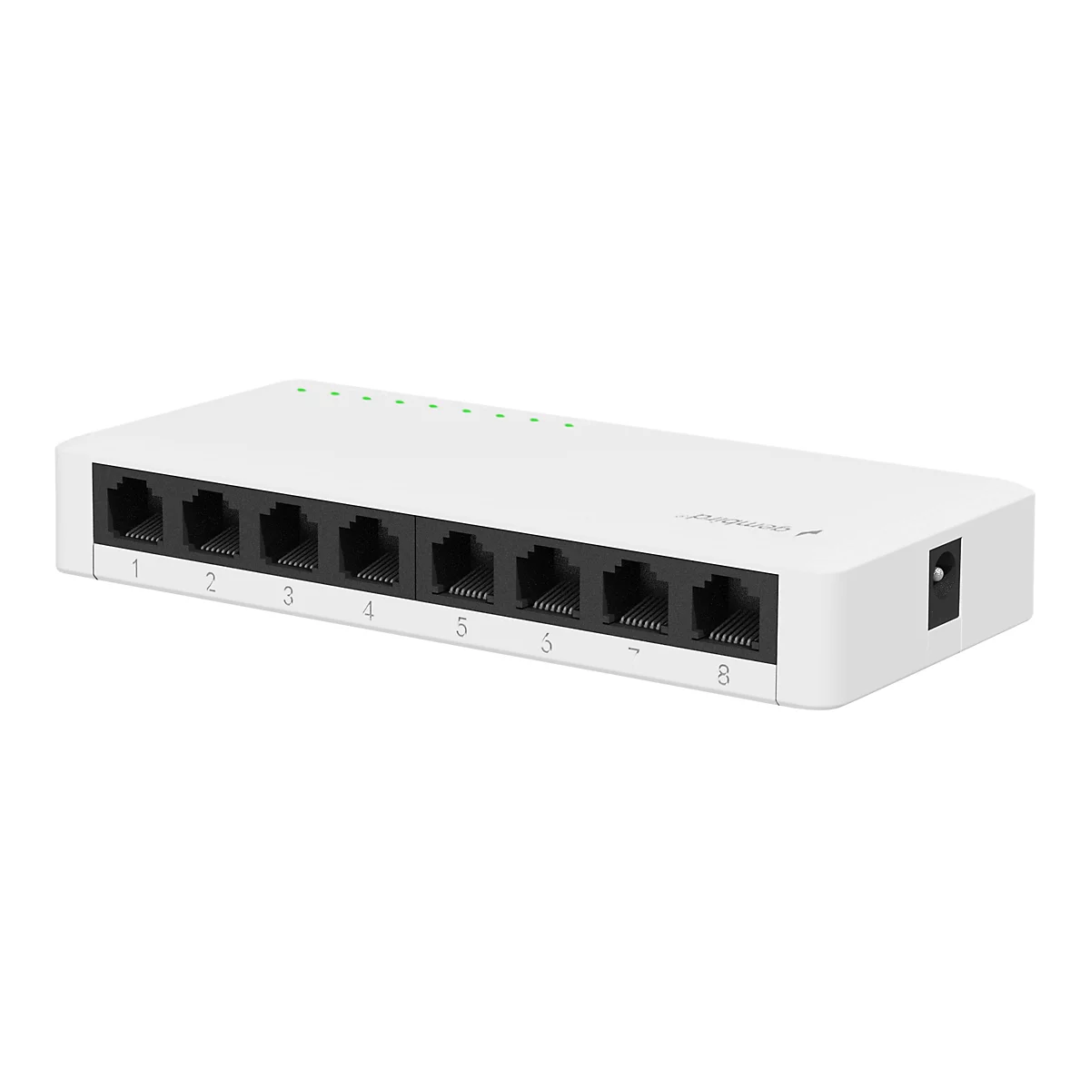 Weißer 8-Port Netzwerk-Switch mit numerierten Anschlüssen vor weißem Hintergrund.