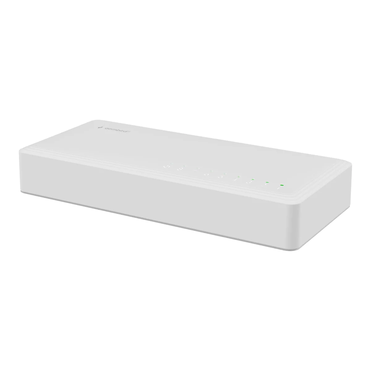 Weißer Gembird Netzwerk-Switch mit acht Ports und leuchtenden grünen LEDs auf der Oberseite.