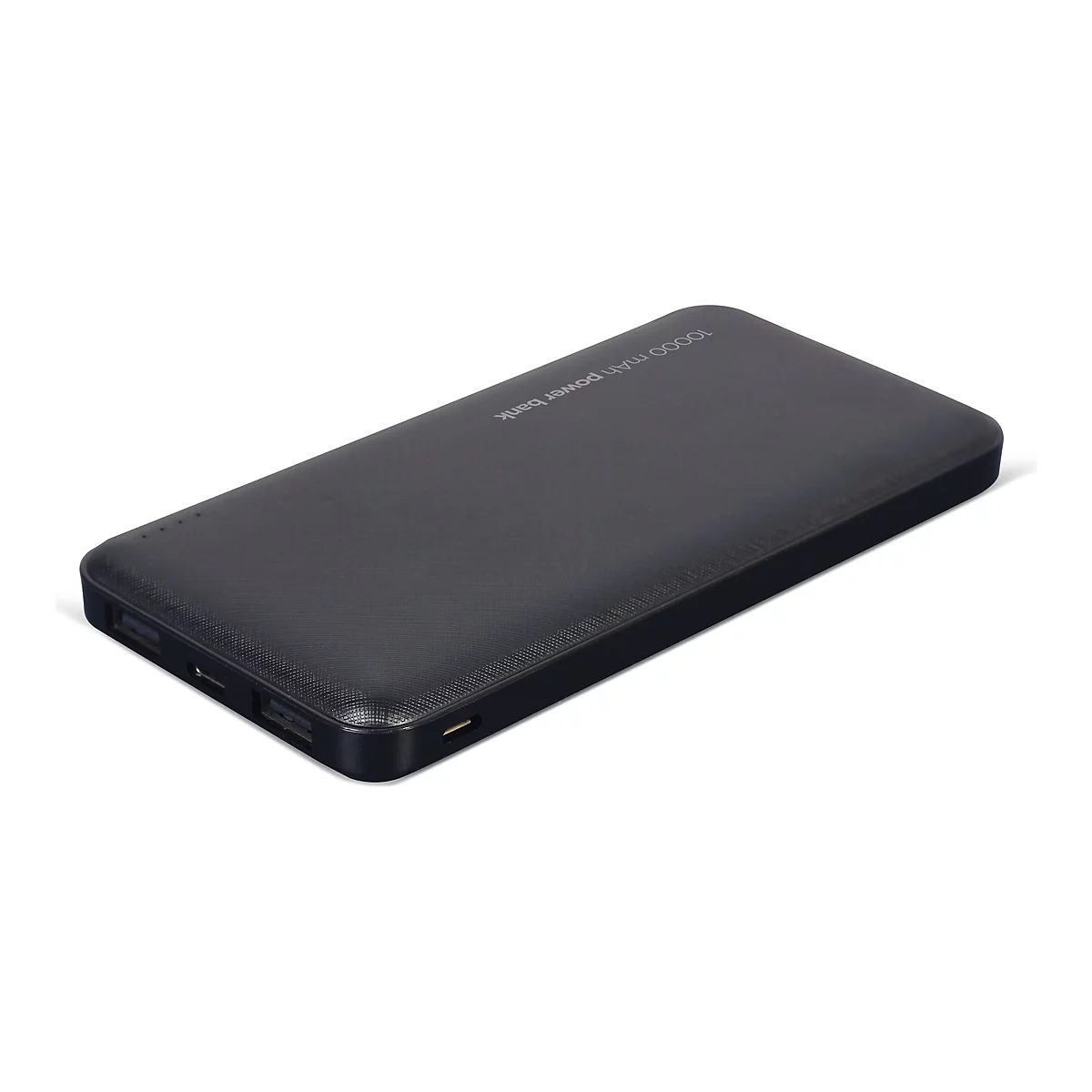 Schwarze 10.000 mAh Powerbank mit texturierter Oberfläche vor weißem Hintergrund.