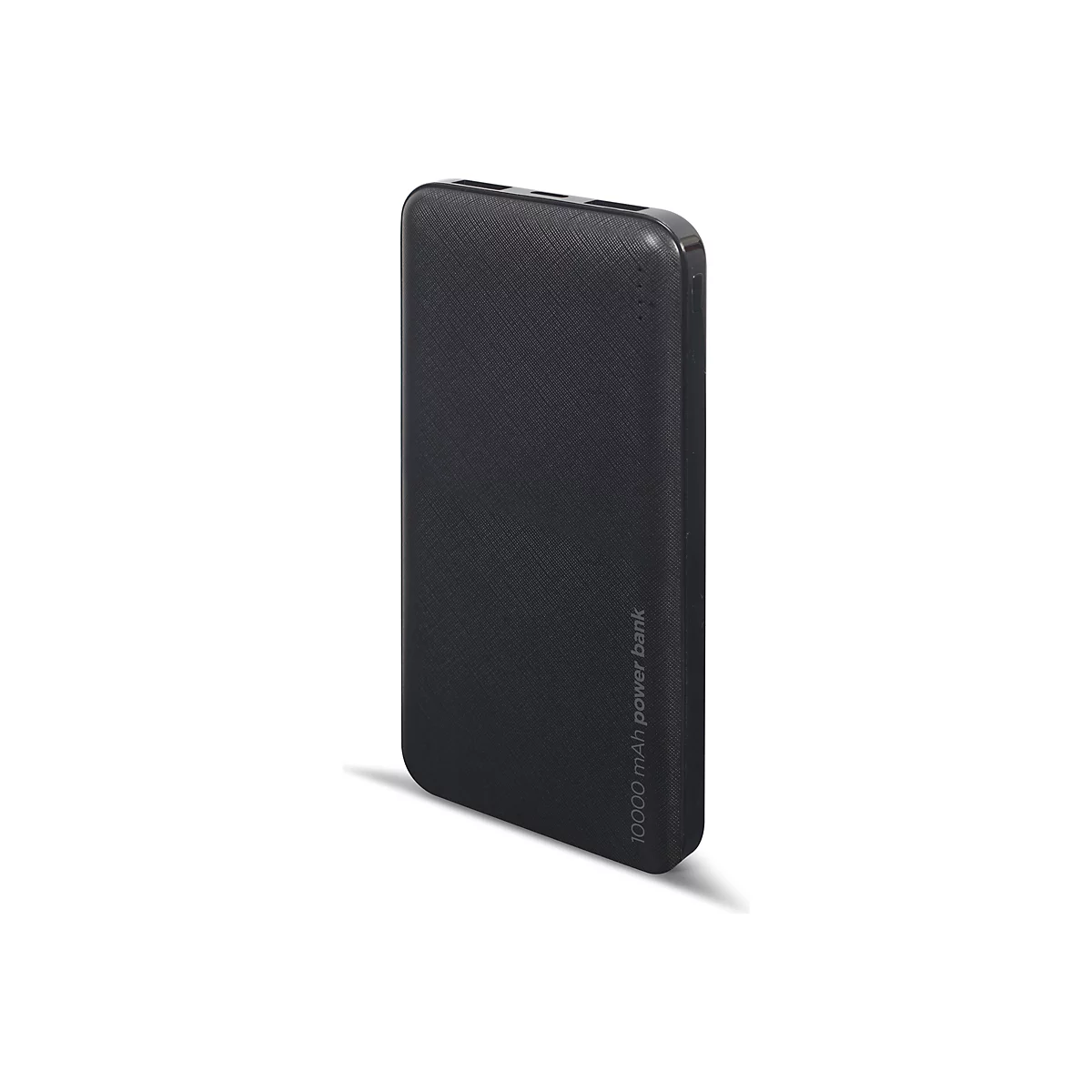 Schwarze 10000 mAh Powerbank mit texturierter Oberfläche vor weißem Hintergrund.
