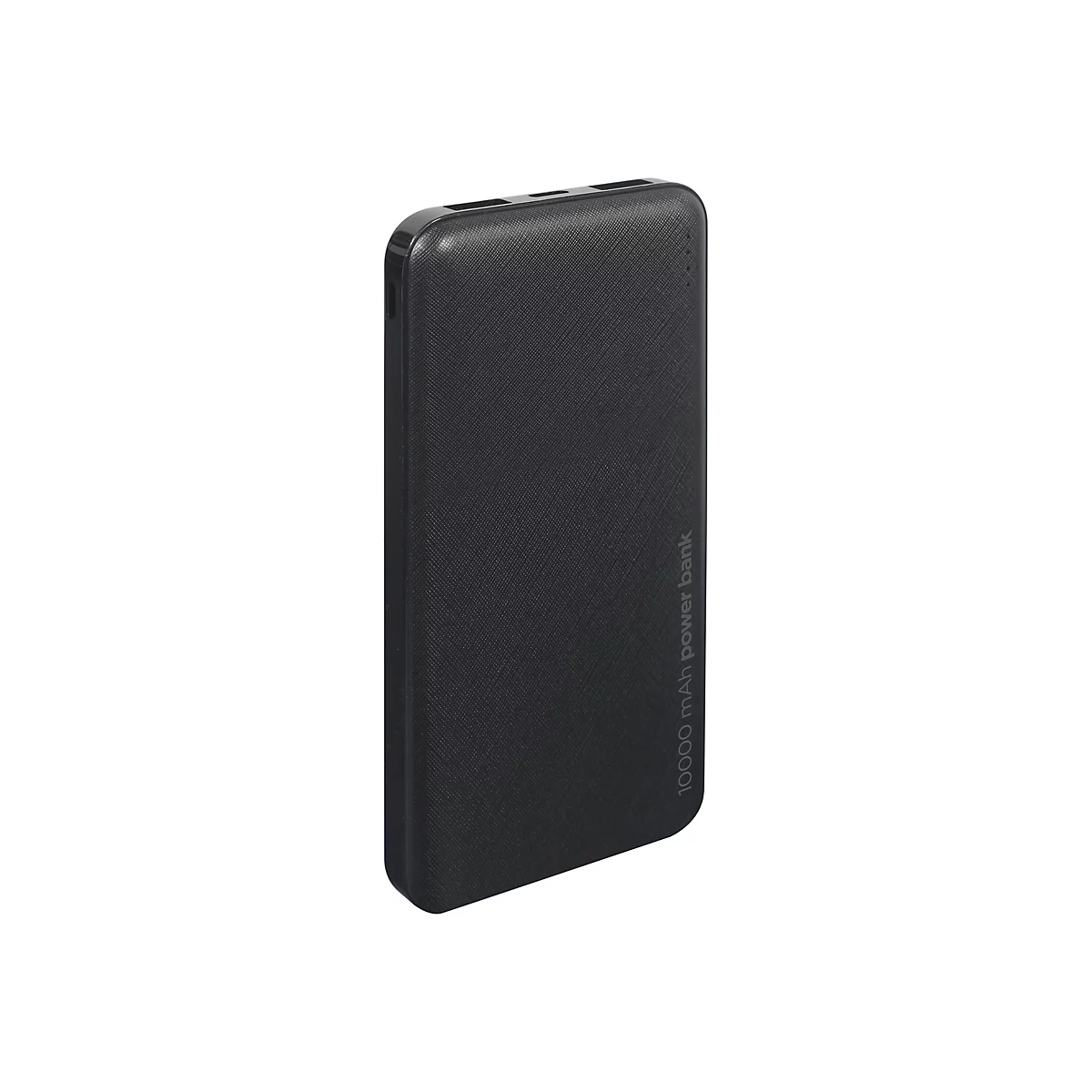Schwarze Powerbank mit 10.000 mAh Kapazität auf weißem Hintergrund.