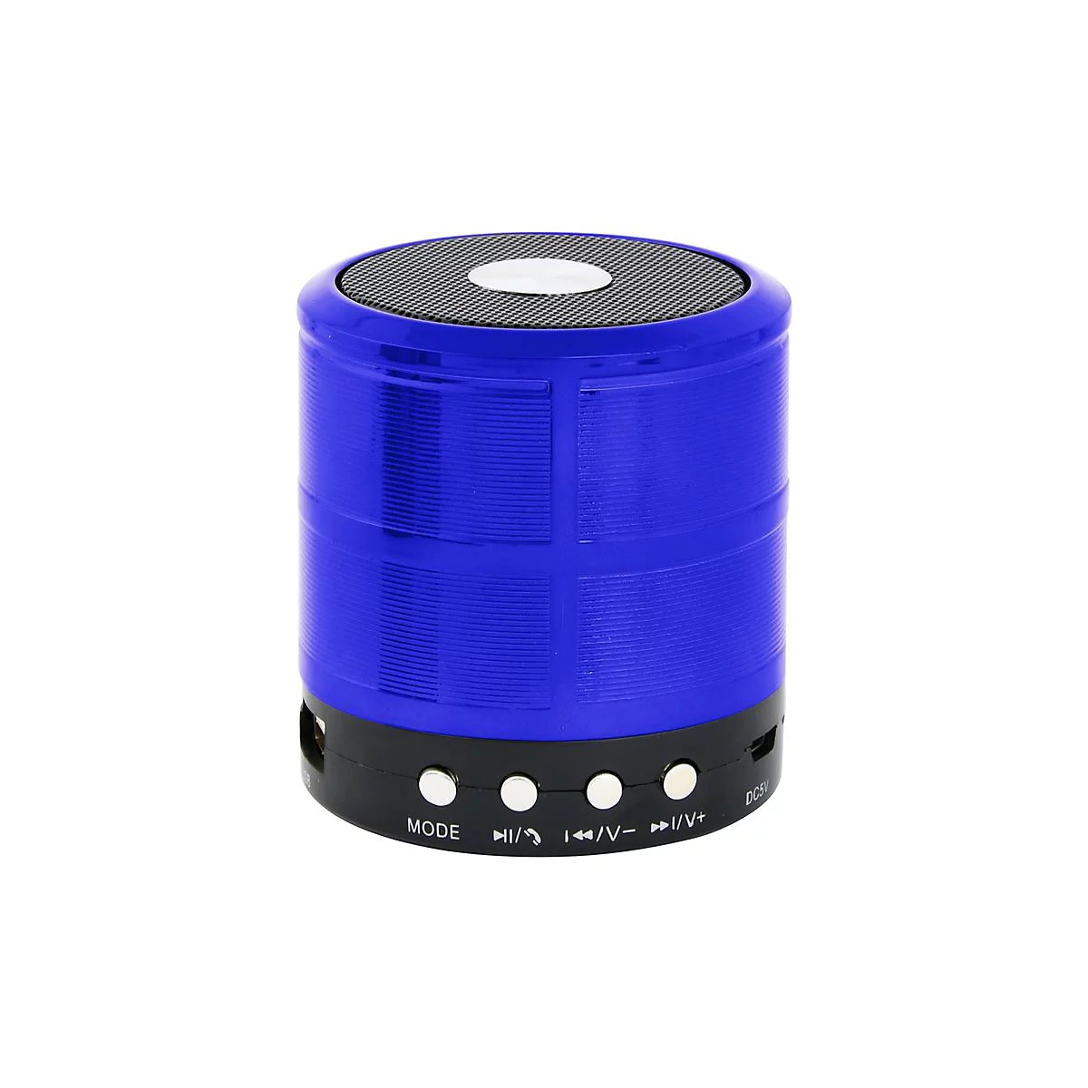 Blau-schwarzer, zylindrischer Bluetooth-Lautsprecher mit BedienknÃ¶pfen.