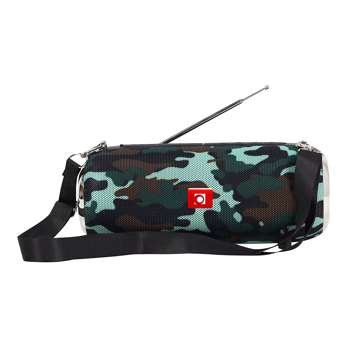 Tragbarer Bluetooth-Lautsprecher in grünem Camouflage-Muster mit schwarzem Tragegurt und ausziehbarer Antenne.
