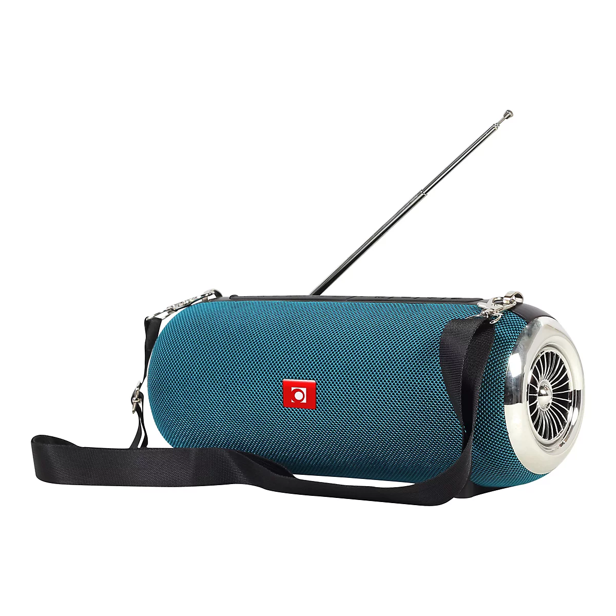 Blauer, zylinderförmiger Bluetooth-Lautsprecher mit Tragegurt und ausziehbarer Antenne vor weißem Hintergrund.