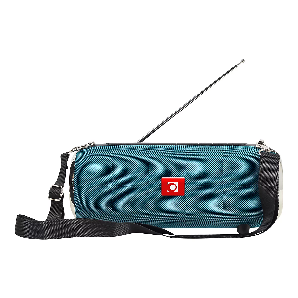 Blauer, zylinderförmiger Bluetooth-Lautsprecher mit schwarzem Tragegurt und ausziehbarer Antenne.