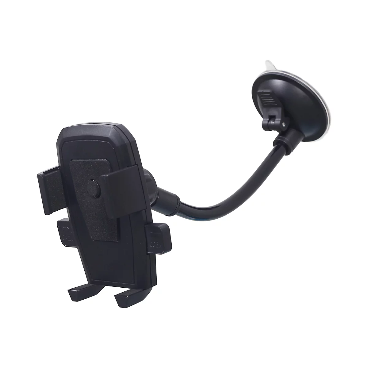 Schwarze Smartphone-Halterung mit flexiblem Arm und Saugnapf für die Windschutzscheibe.