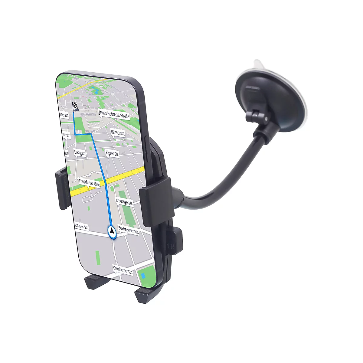 Smartphone in einer schwarzen Auto-Halterung mit Saugnapf und Navigationskarte auf dem Display.