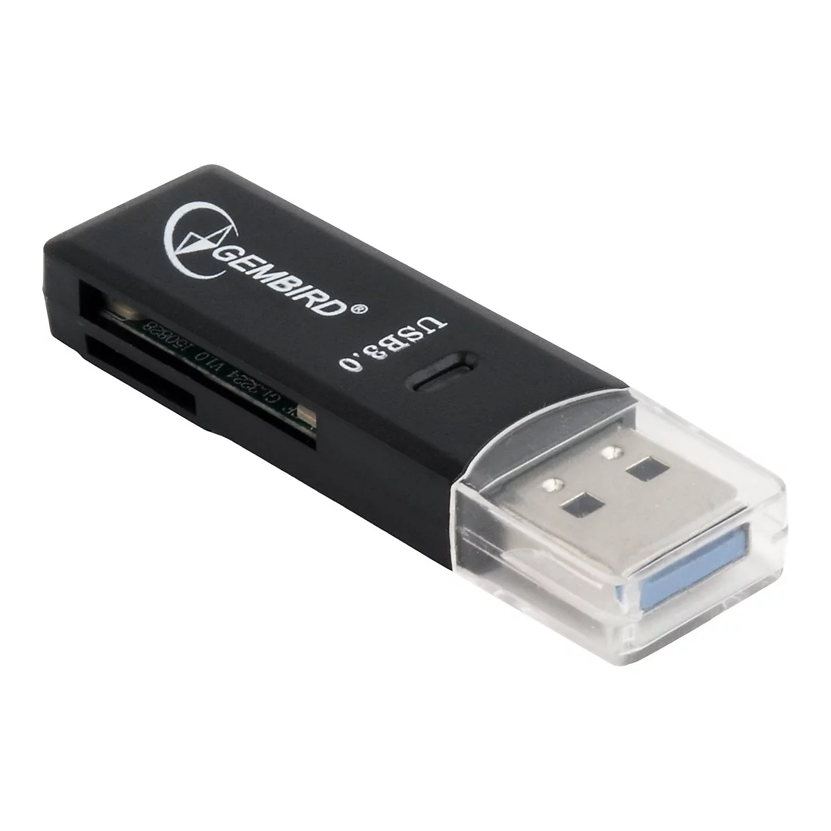 Schwarzer Kartenleser mit USB 3.0 Anschluss und transparentem Deckel.