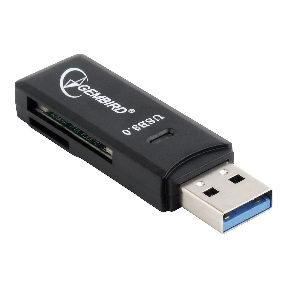 Schwarzes USB 3.0 KartenlesegerÃ¤t mit Gembird Logo. Kartensteckplatz, USB-A Stecker mit blauem Anschluss.