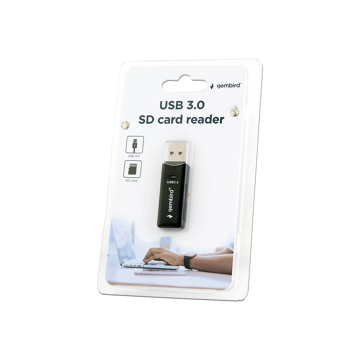 USB-3.0-SD-Kartenleser in Blisterverpackung. Schwarzer Stick mit USB-Anschluss.
