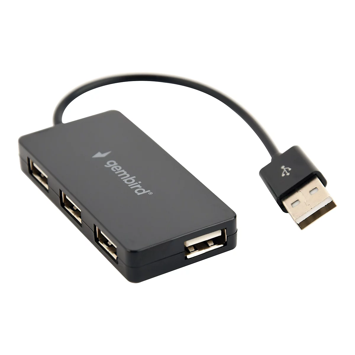Schwarzer Gembird USB-Hub mit vier Anschlüssen und kurzem Anschlusskabel auf weißem Hintergrund.