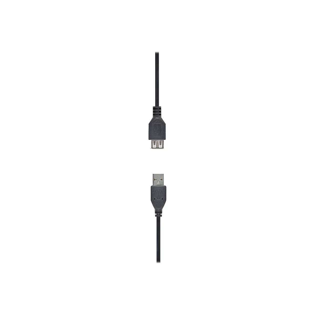 Schwarzes USB-Verlängerungskabel mit einem männlichen und einem weiblichen Anschluss vor weißem Hintergrund.