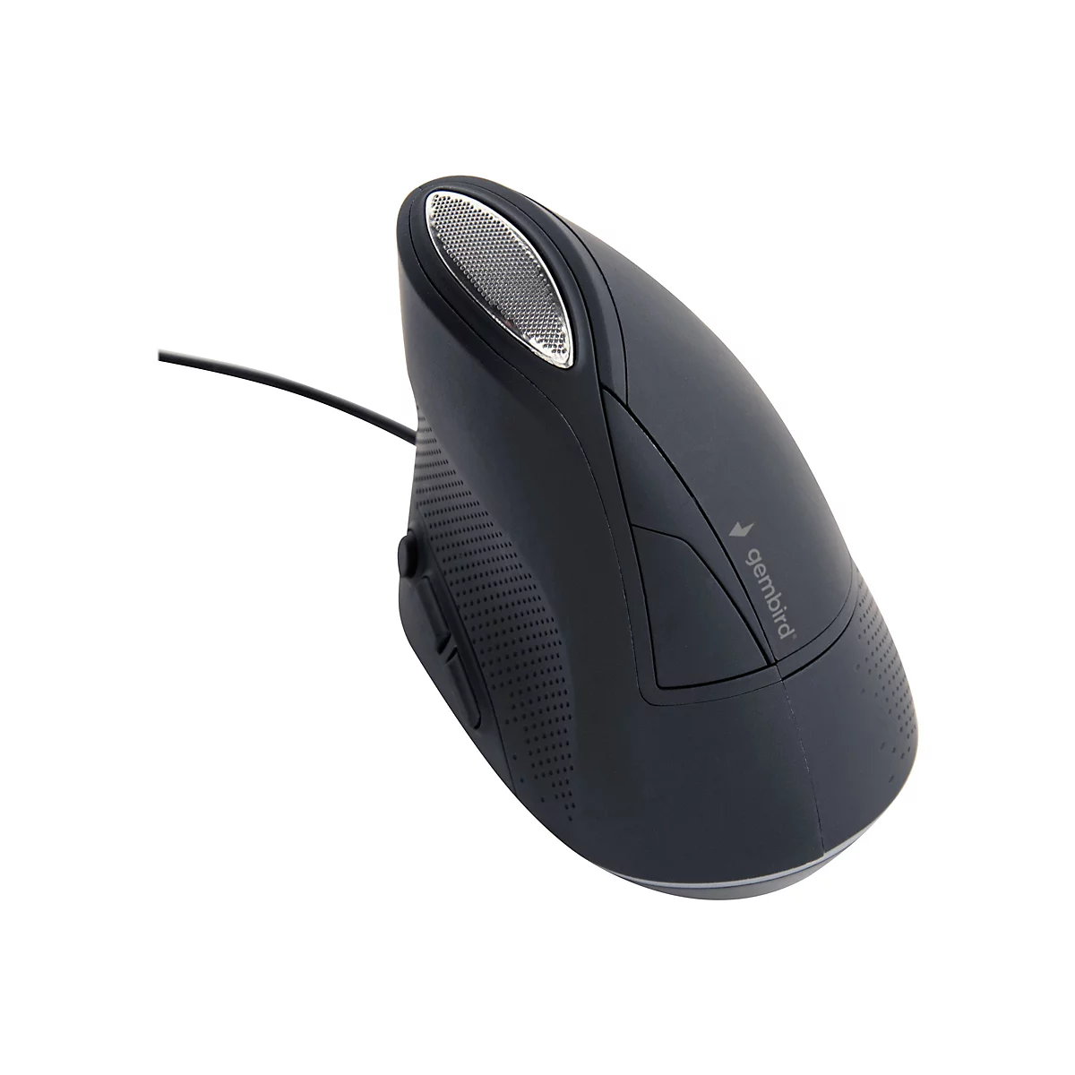 Schwarze, ergonomische Vertikalmaus von Gembird mit Kabel, vor weißem Hintergrund.