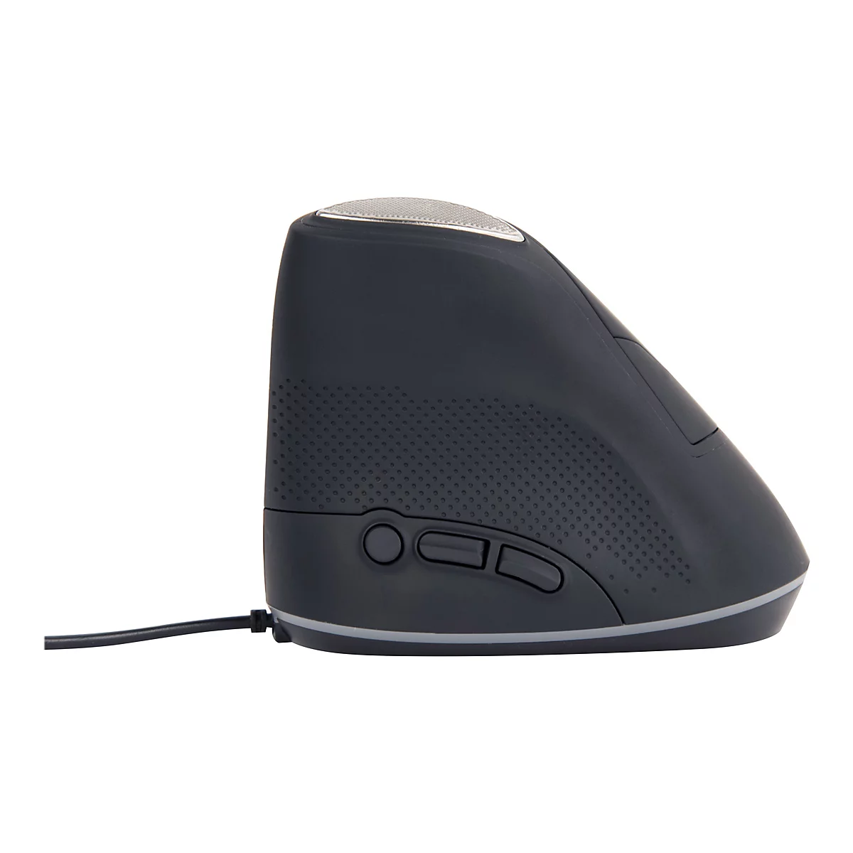 Vertikale ergonomische Computermaus in Schwarz mit Kabelanschluss vor weißem Hintergrund.
