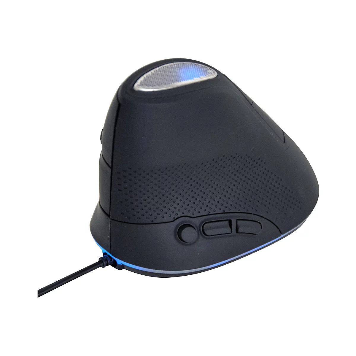 Ergonomische, schwarze Vertikalmaus mit blauem Lichtelement auf weißem Hintergrund.
