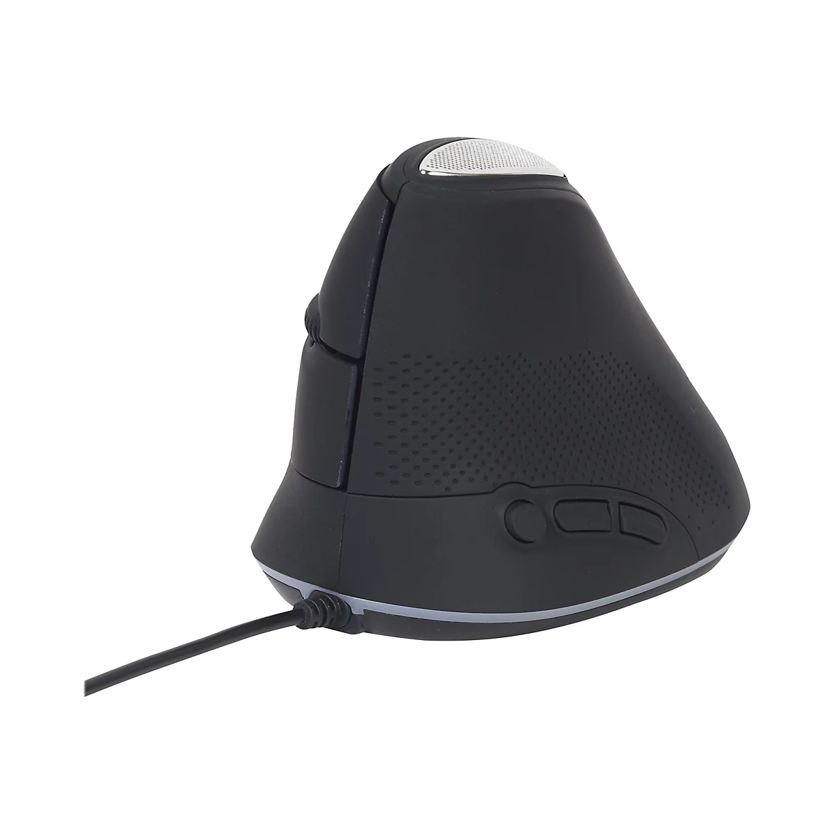 Schwarze, ergonomische Vertikal-Maus mit Kabel, texturierter Oberfläche und seitlichen Bedientasten.