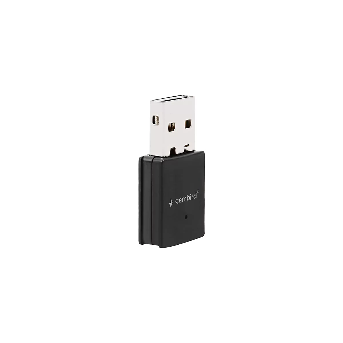 Schwarzer Gembird USB-Bluetooth-Adapter mit silbernem Anschluss vor weißem Hintergrund.