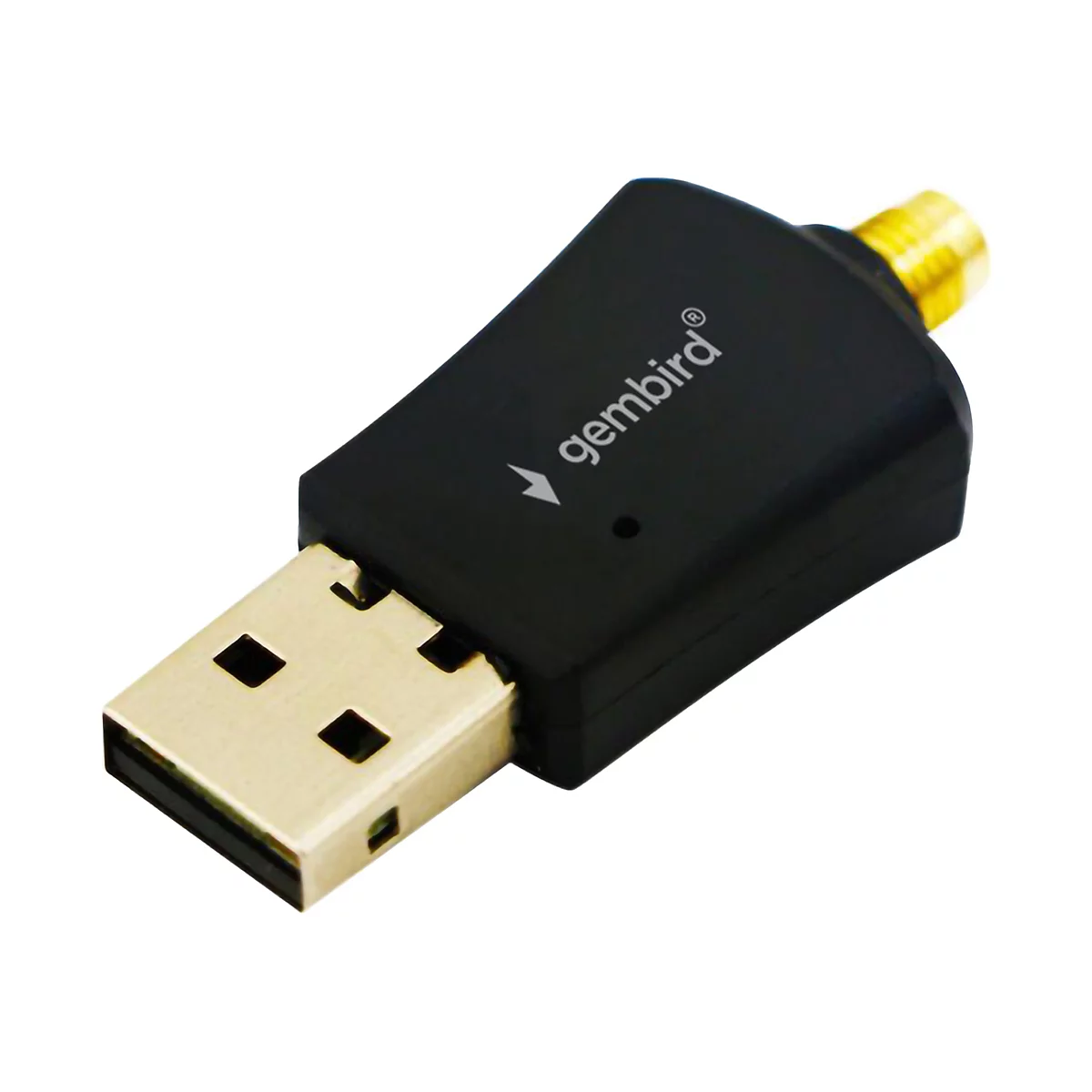 Schwarzer Gembird USB-WLAN-Adapter mit goldenem USB-Anschluss und goldenem Antennenanschluss.