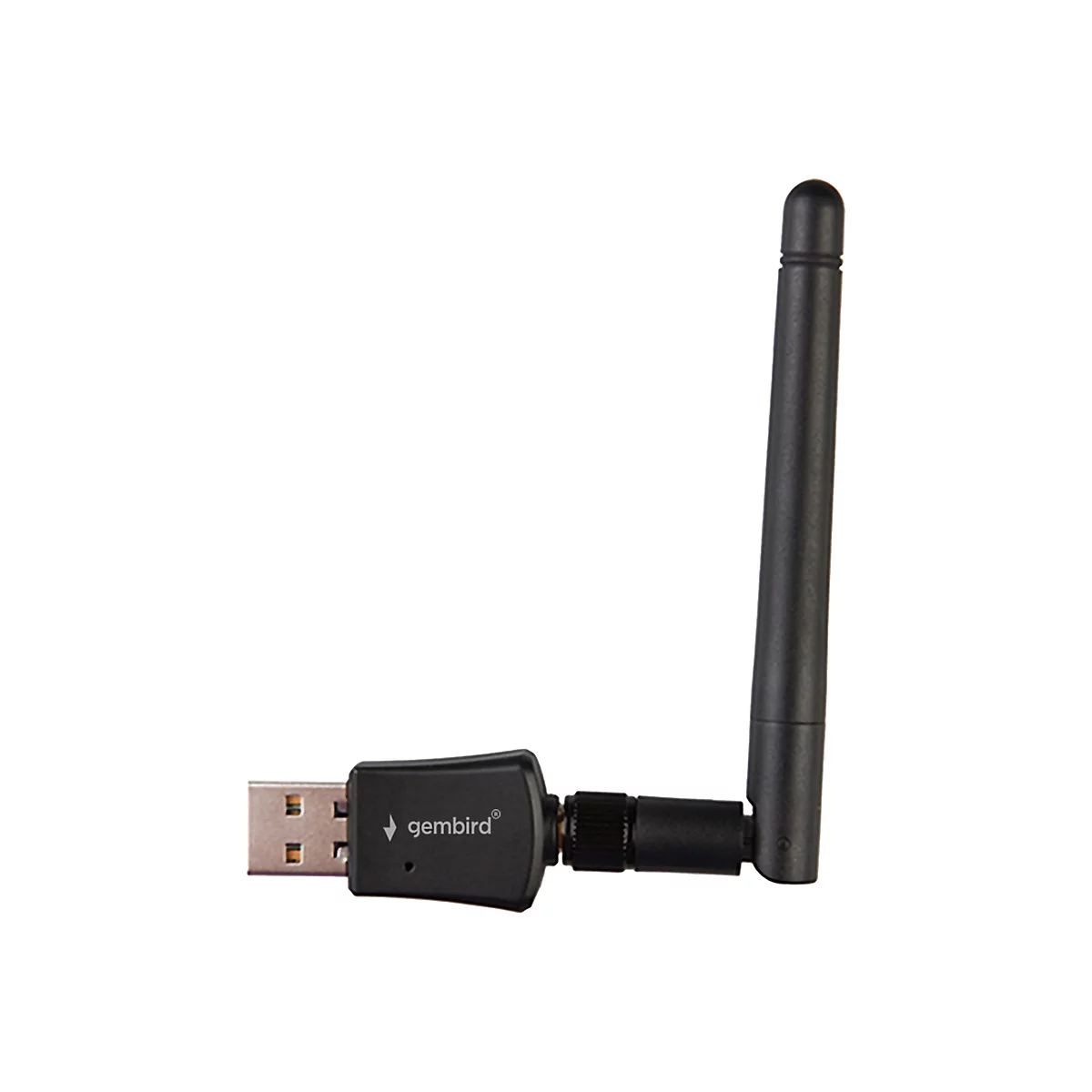 Schwarzer Gembird USB-WLAN-Adapter mit ausklappbarer Antenne vor weißem Hintergrund.