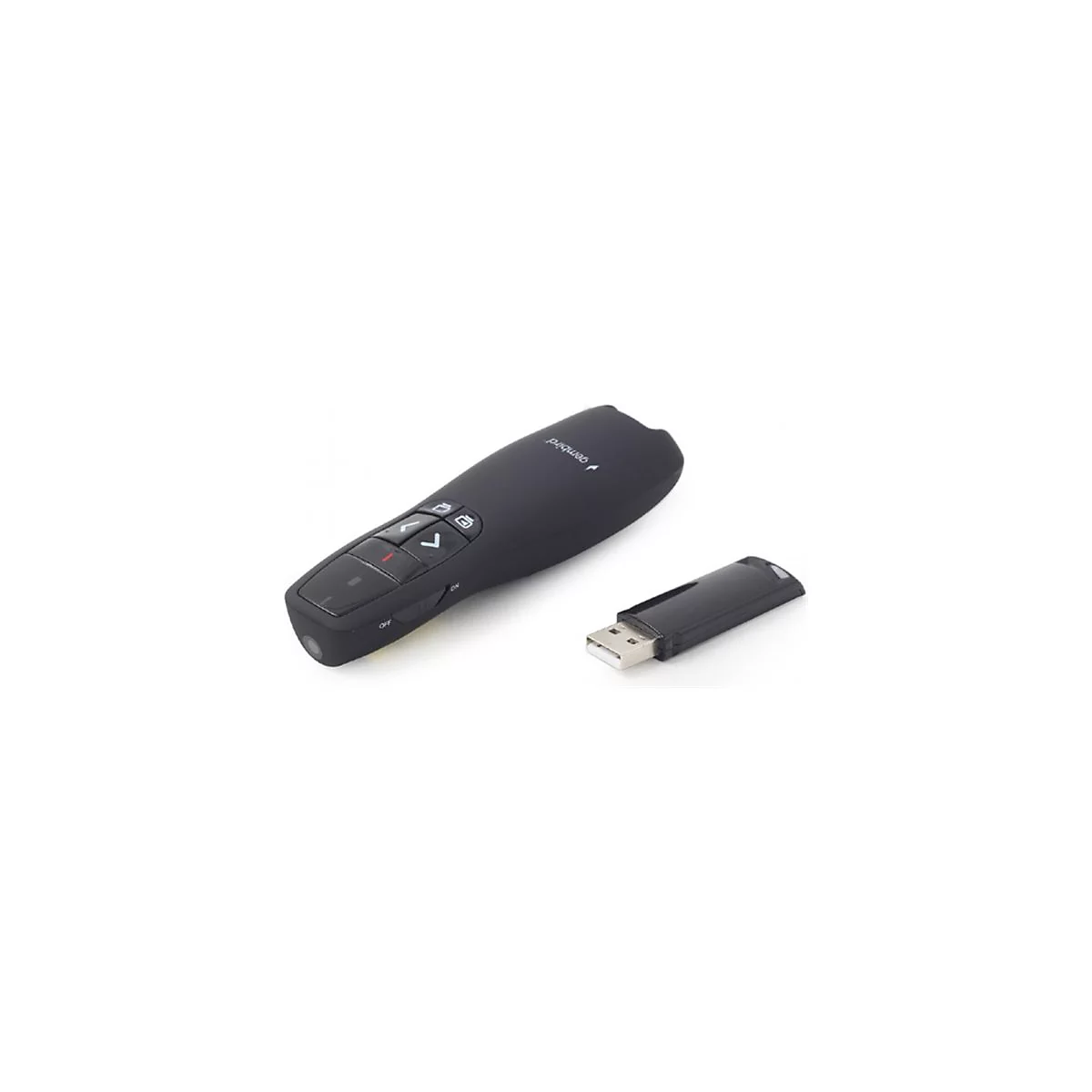 Schwarzer Gembird Laser-Präsentations-Pointer mit Bedienknöpfen und separatem USB-Empfänger auf weißem Grund.