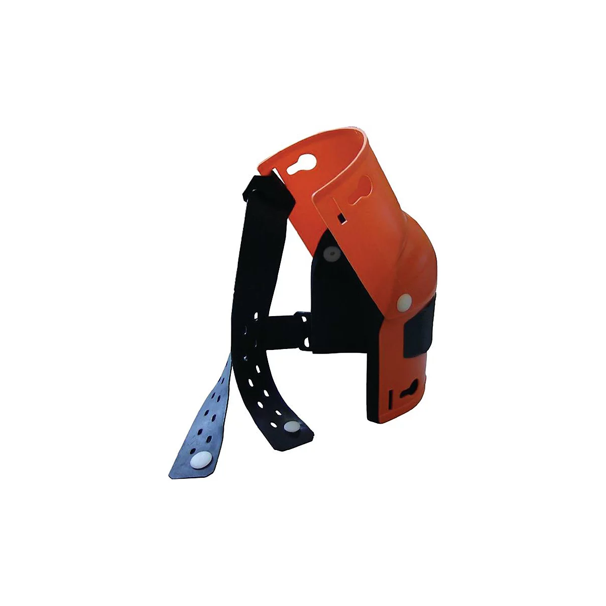 Genouillère orange avec sangle noire. La protection a une forme ronde et des découpes pour les genoux. La sangle a des trous.